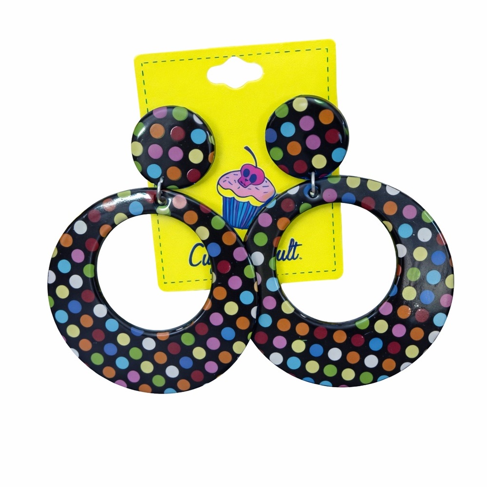 Cupcake Cult Colorful Oversized Polka Dot Earrings NWT. Festival Statement Retro